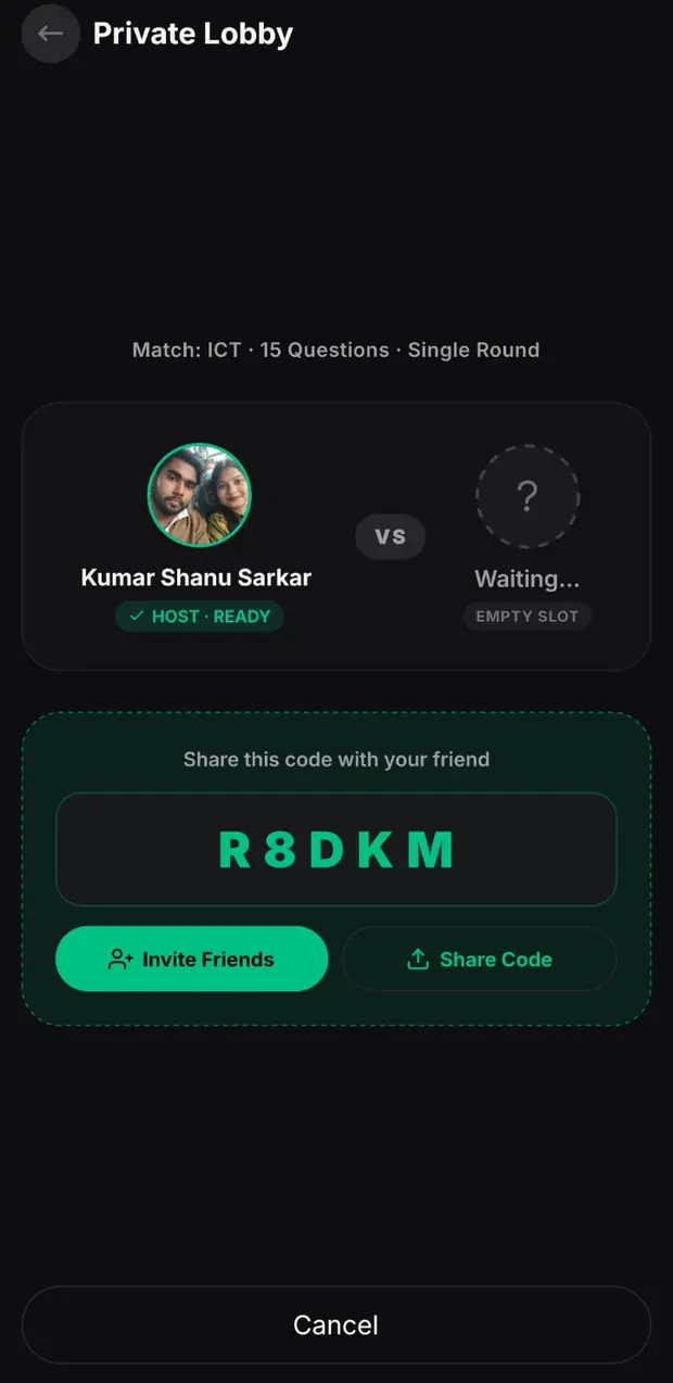 Examo private lobby waiting for a friend, showing a shareable six character room code