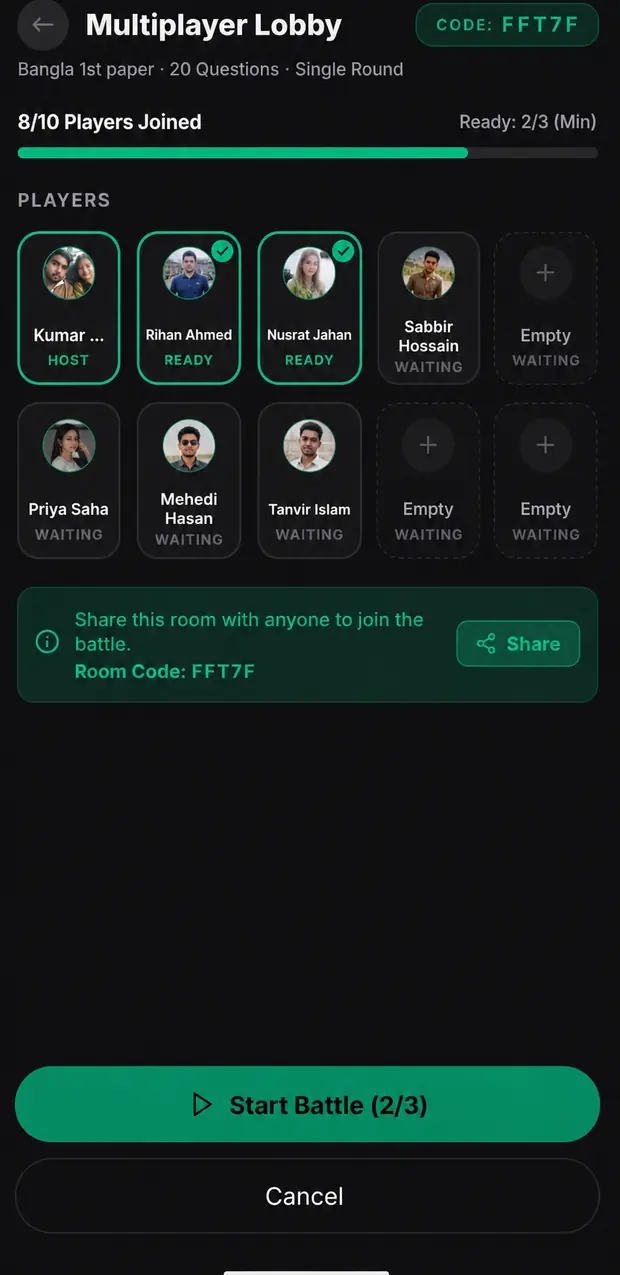 Examo multiplayer lobby with eight of ten player slots filled and a shareable room code