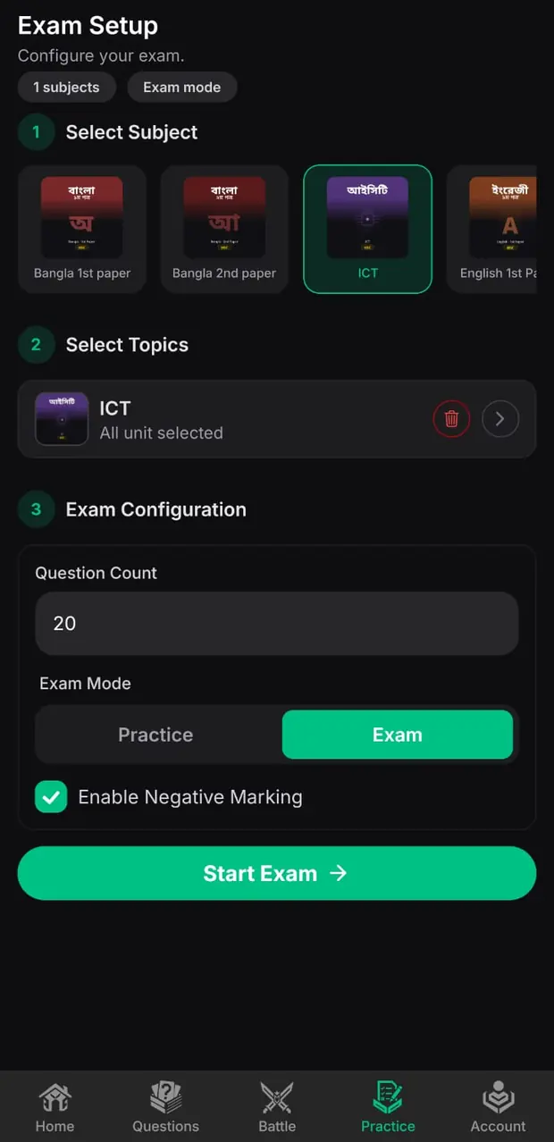 Examo exam setup screen with subject selection, question count and a practice or exam mode toggle