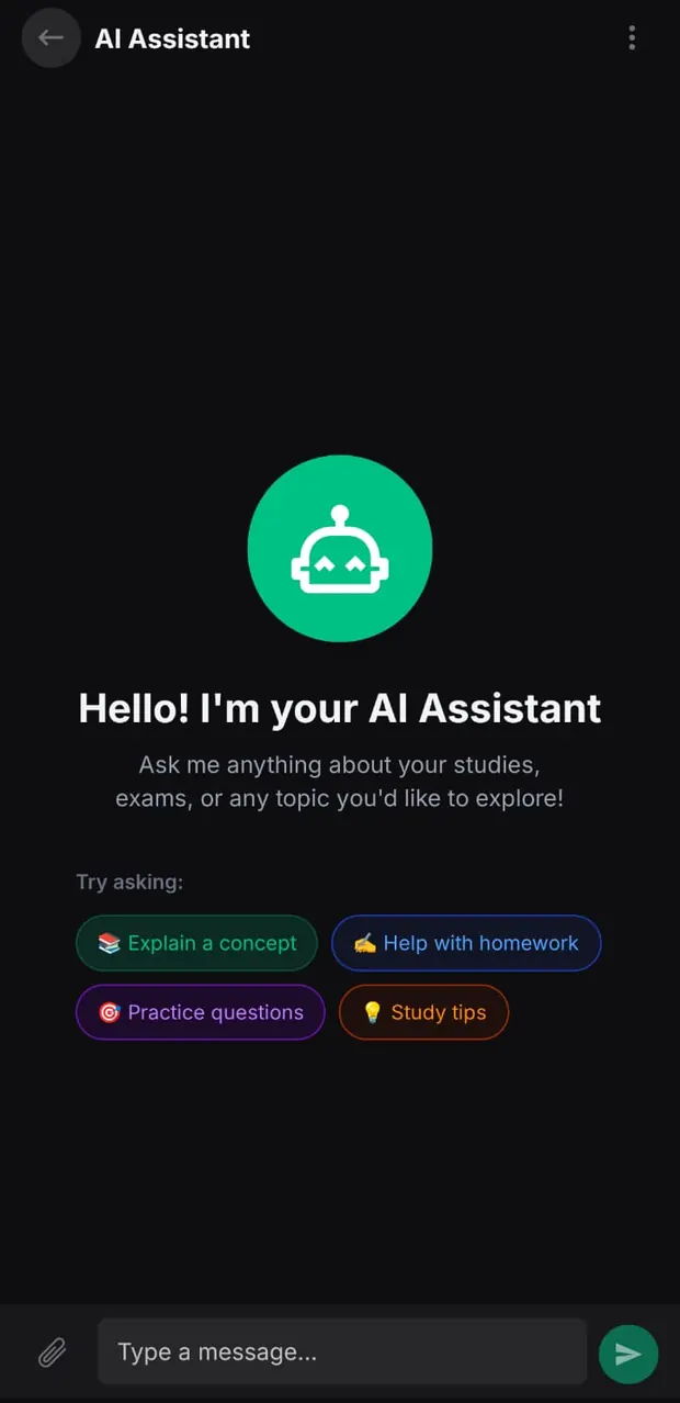Examo AI Tutor chat screen with starter prompts for explaining a concept and practice questions