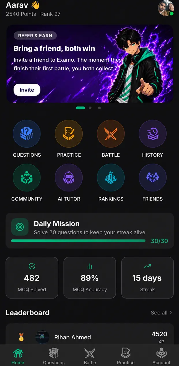 Examo home dashboard with daily mission progress, streak counter, accuracy stats and the leaderboard
